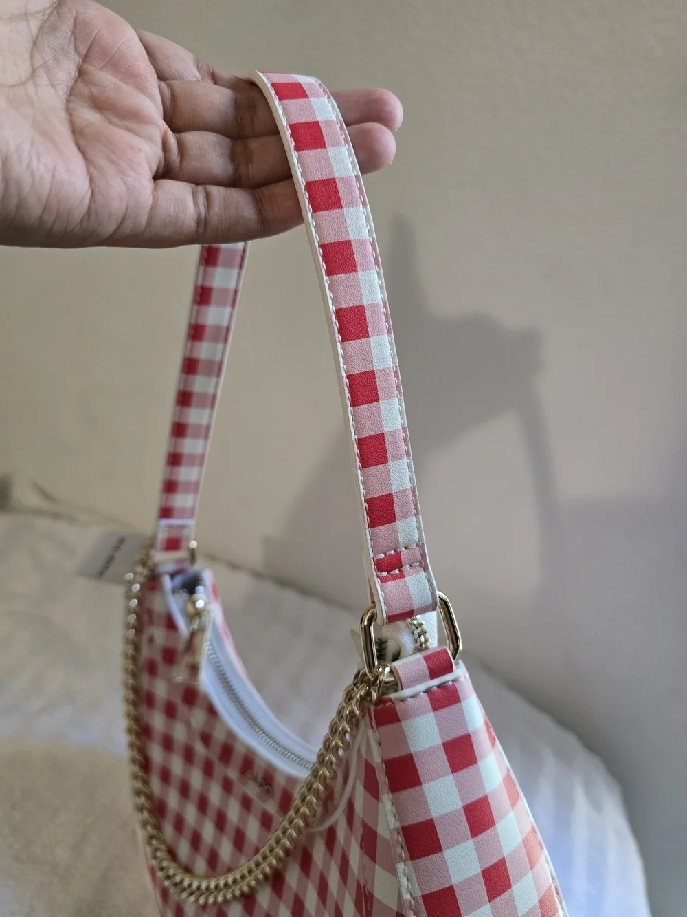 Aldo Red and White Gingham Crescent Shoulder Bag with Gold Chain